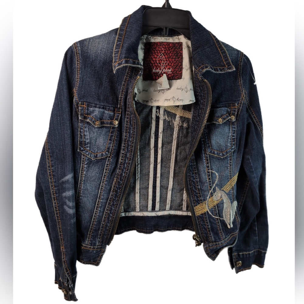 Baby Phat Women's Denim Jacket with Embroidery and Gold Accents Size Small